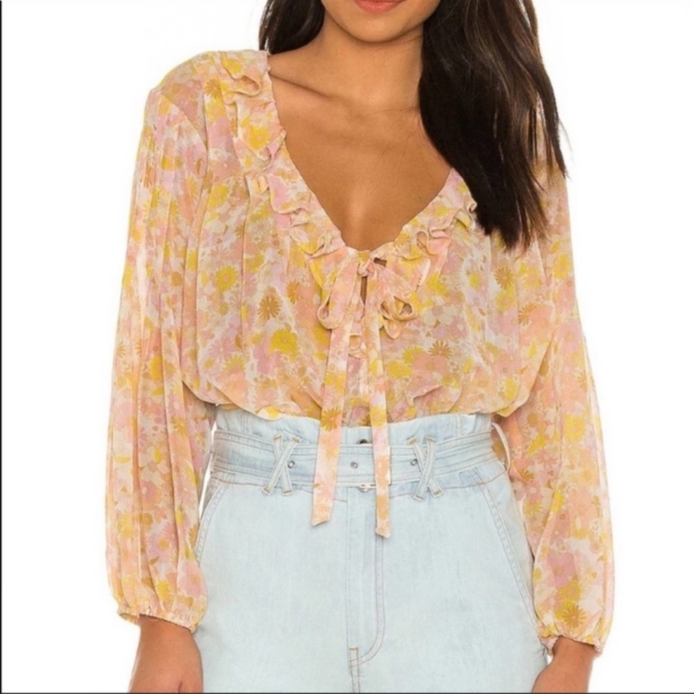 For Love & Lemons Pink and Yellow Floral Ruffle Tie-Neck Blouse